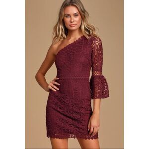LULUS Dreamy Date Burgundy Lace One-Shoulder Mini Dress Women's Dress